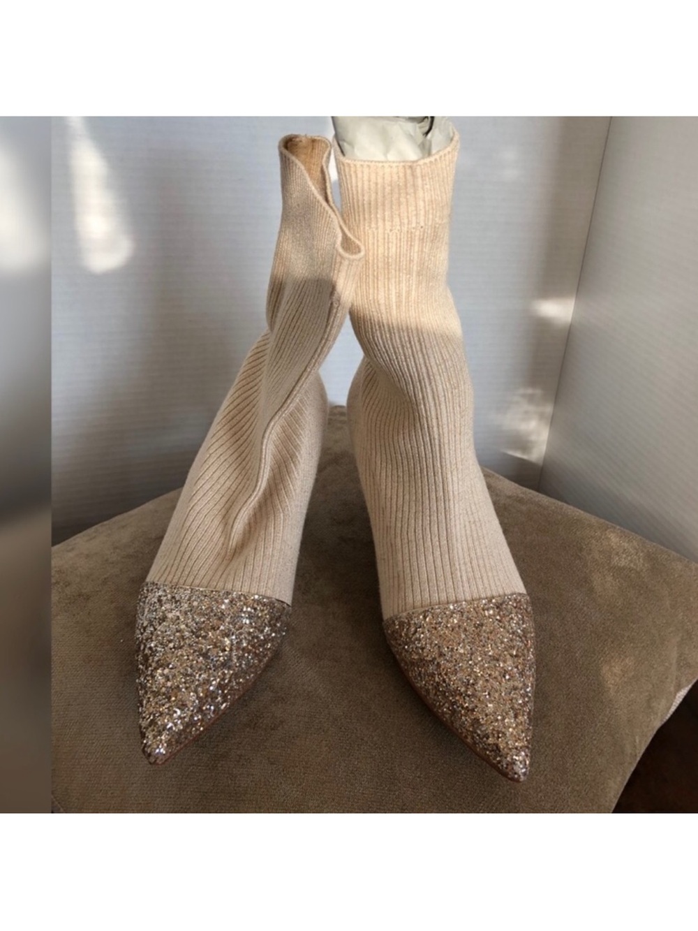 Beige Knit Sock Booties with Glitter Pointed Toe